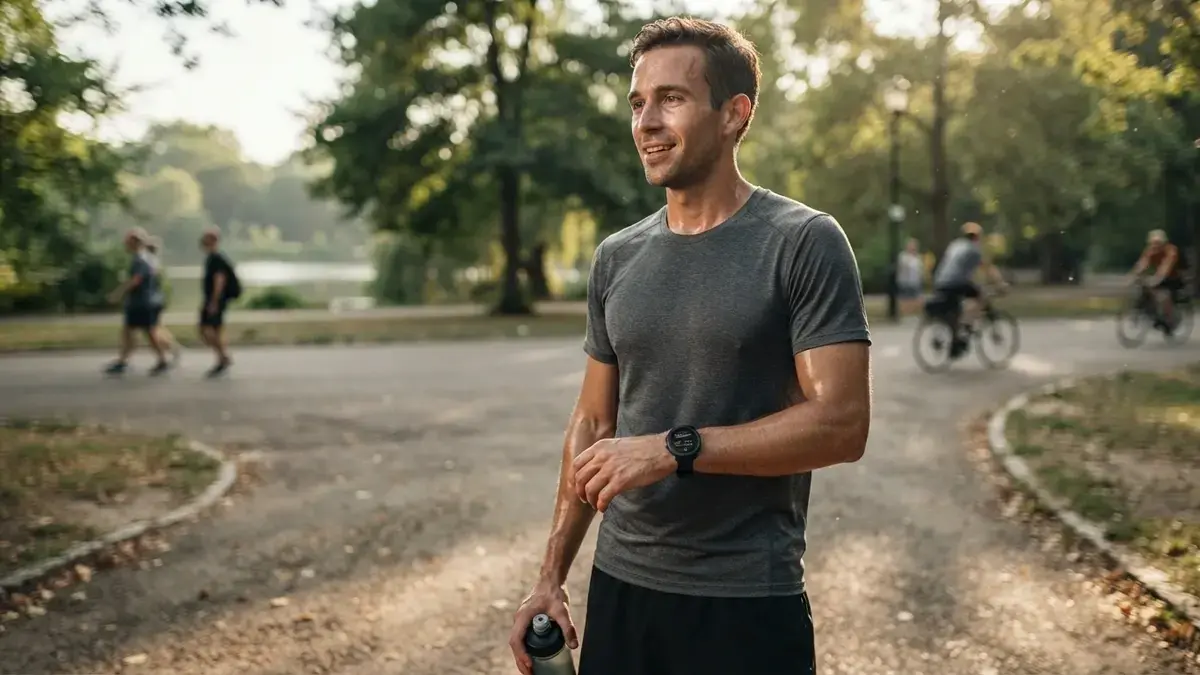 A man in a grey t-shirt holding a water bottle and wearing a smartwatch after a workout in a park, with runners and cyclists behind him