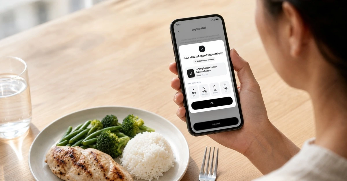 A plate of chicken, rice and vegetables being photographed for AI meal logging