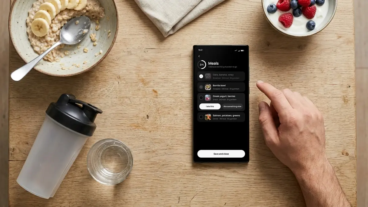 A phone on a wooden table showing the Maxiom meal log with calories and protein per meal, surrounded by porridge, yogurt with berries and a shaker bottle