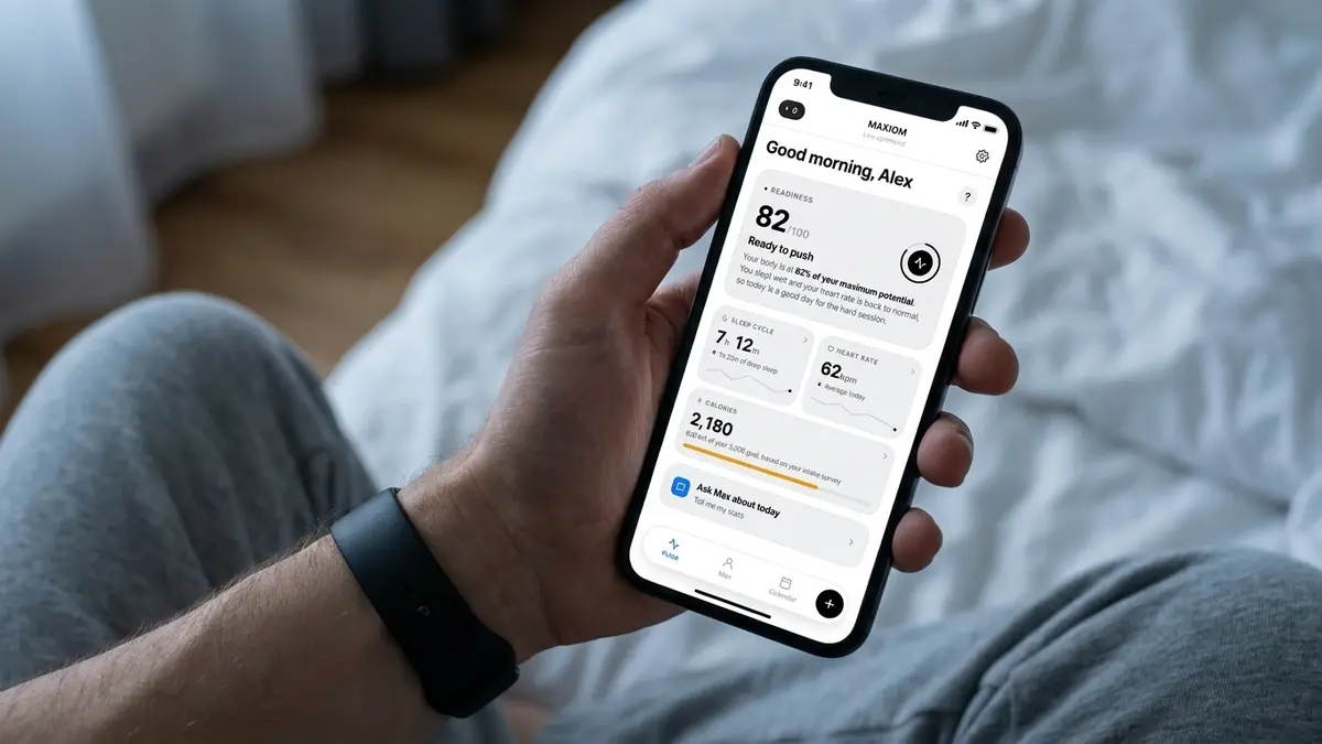 A hand holding a phone in bed showing the Maxiom Pulse tab, with a readiness score of 82 out of 100 above sleep, heart rate and calorie cards