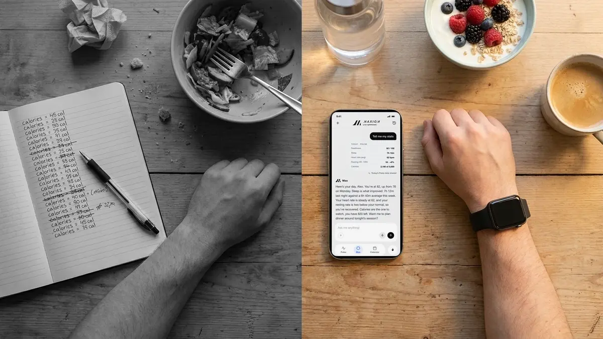 A split image contrasting calories written by hand in a notebook beside an empty bowl with the Maxiom app on a phone showing Max explaining the day's readiness, sleep and heart rate