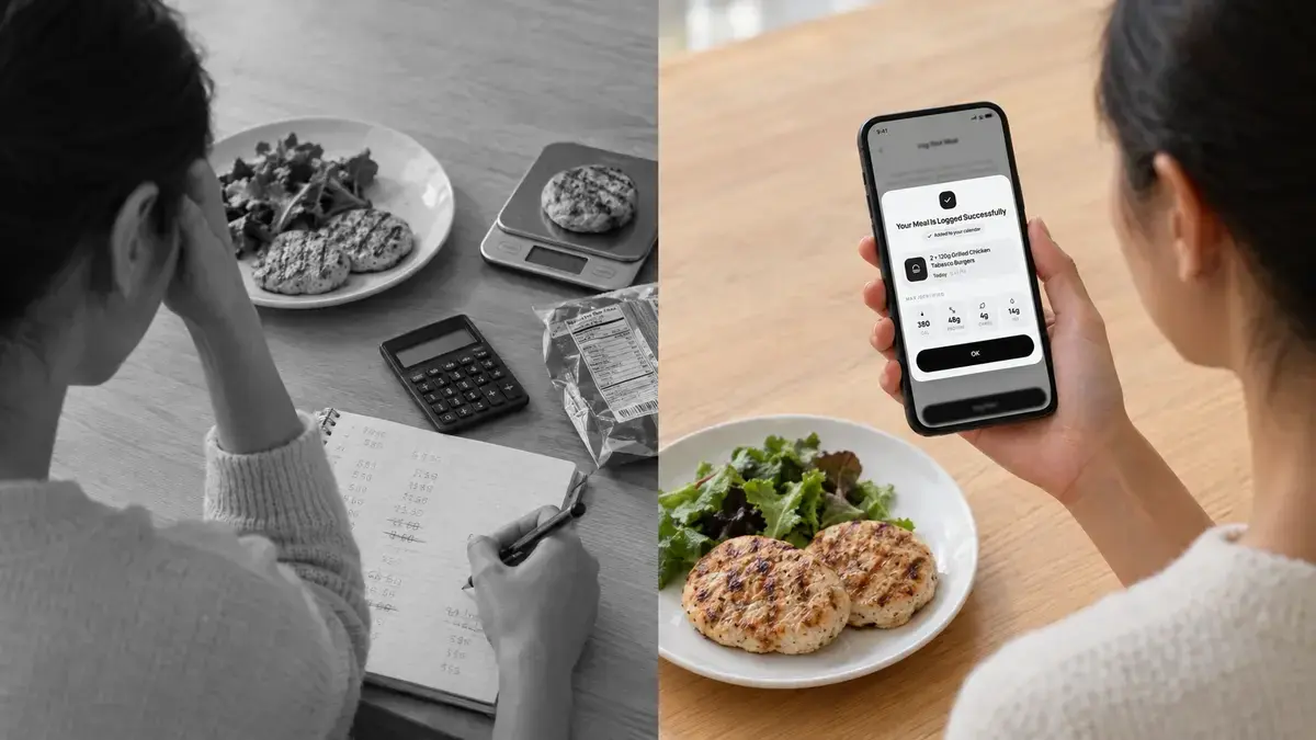 A meal being photographed with a phone on one side and the same meal being entered by hand into a calorie database on the other