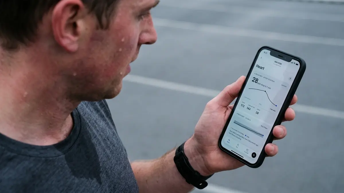 A sweating runner checking the Maxiom app on his phone after a run, showing a 28 bpm heart rate drop one minute after finishing