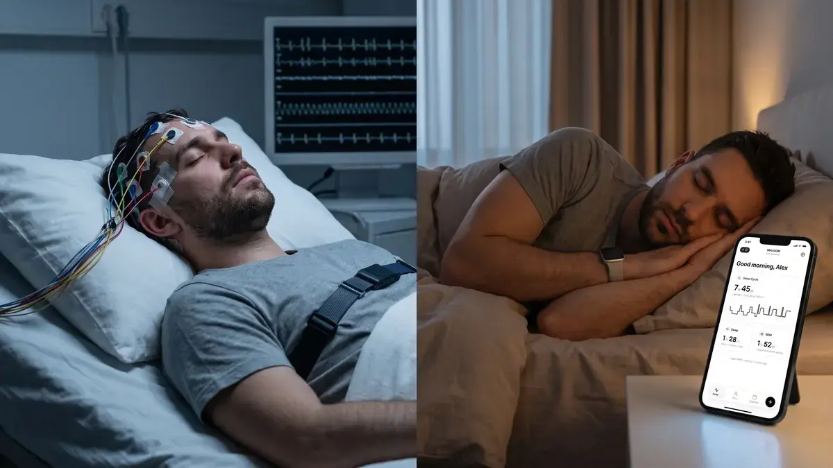 A split image comparing clinical sleep staging, with EEG electrodes and a polysomnography monitor in a sleep lab, against a sleeper at home wearing a smartwatch beside a phone showing sleep stage data